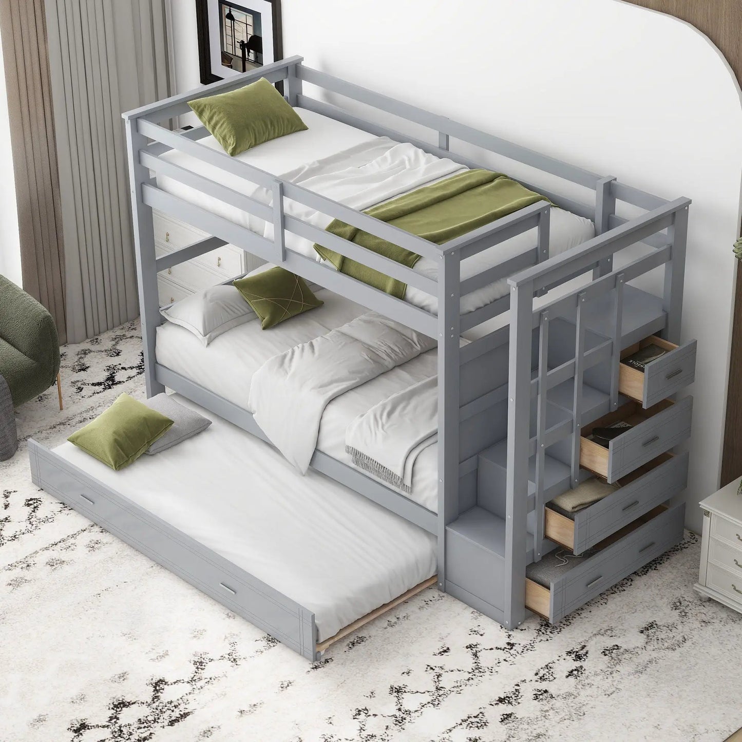 Bunk Bed With Trundle and Staircase Space Saving