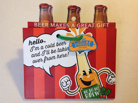 Heavyweight gift bag for 6-pack Ho Ho Ho Brew with red striped design and green rope handle on Tampa Home & Garden Store