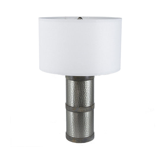 Table lamp with hammered iron base and mango wood accents, white drum shade by HouseOfZazla on Tampa Home & Garden Store
