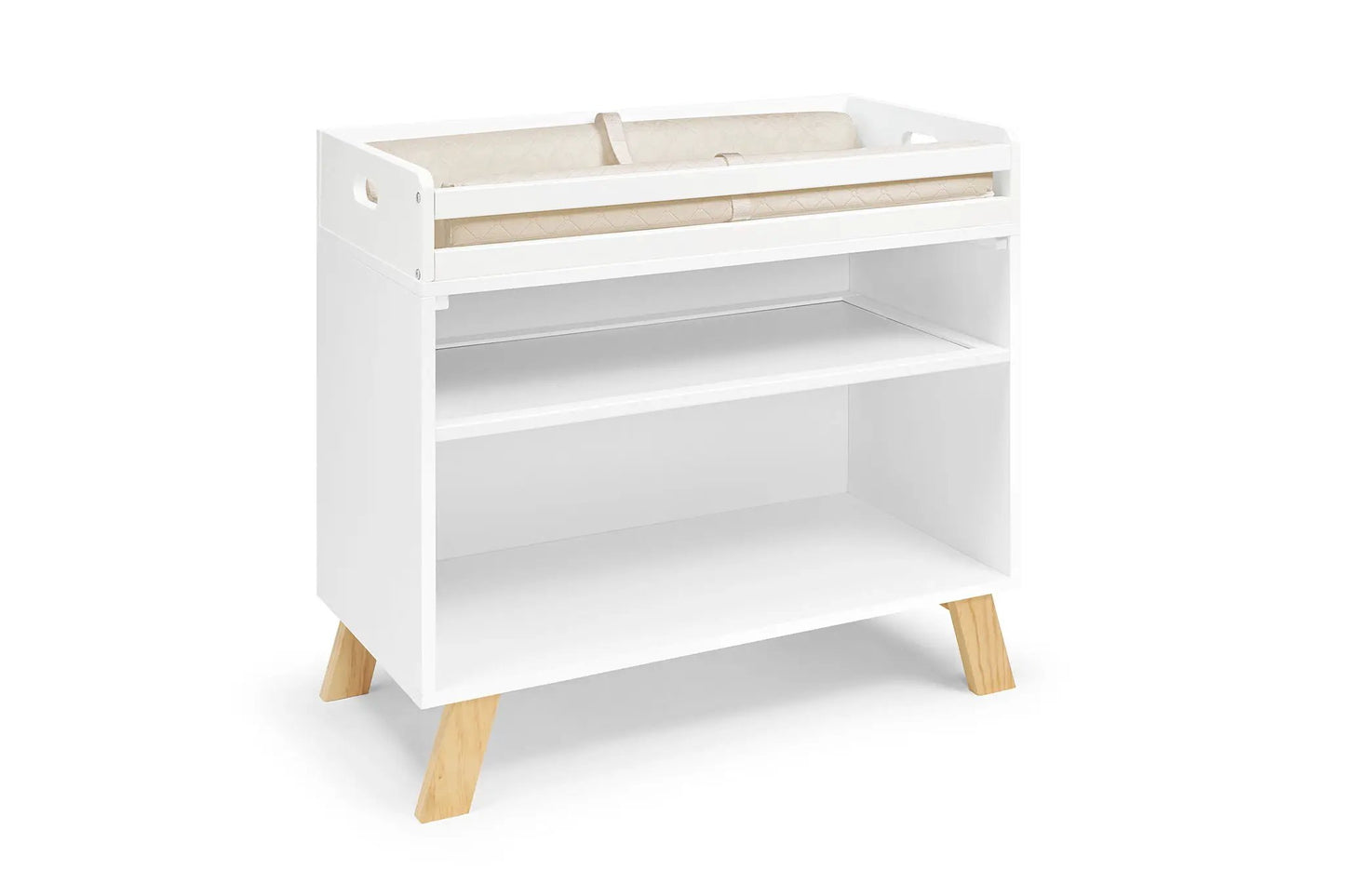 Livia two-tone changing table with beige quilted pad, white frame and natural wood legs on Tampa Home & Garden Store
