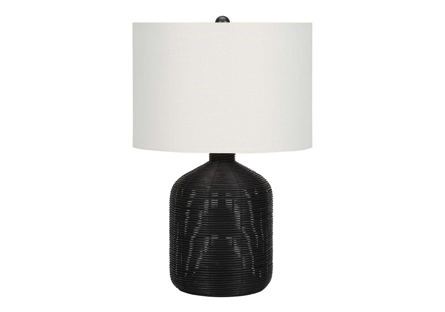 Table lamp by HouseOfZazla with black rattan base and white textured drum shade on Tampa Home & Garden Store