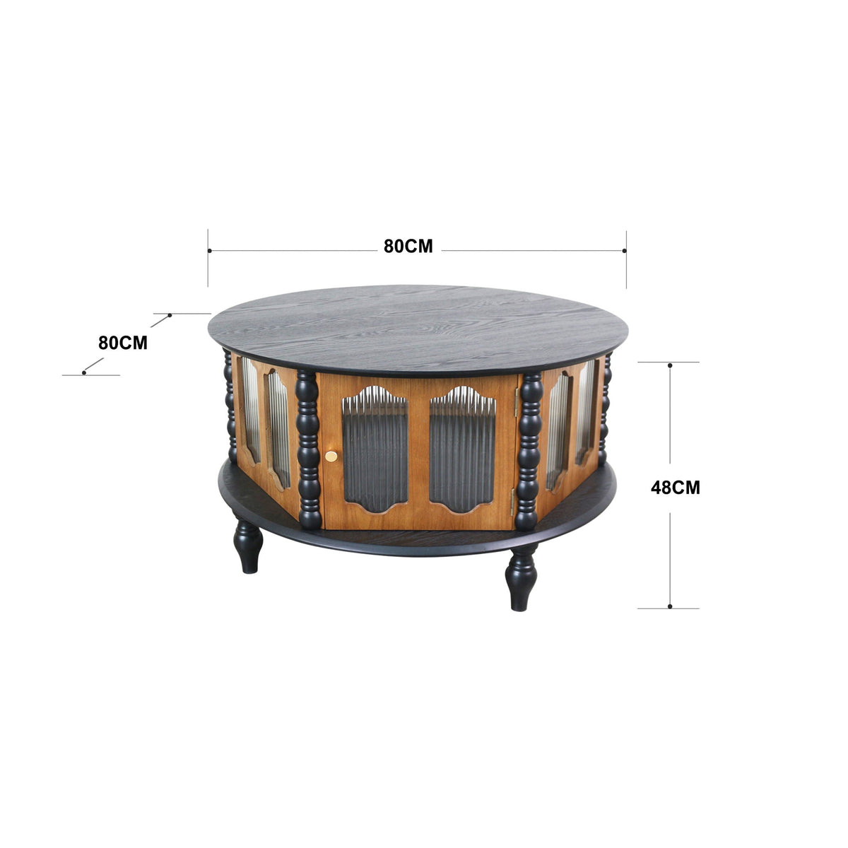 Round storage coffee table with fluted glass doors in dark wood finish by HouseOfZazla on Tampa Home & Garden Store