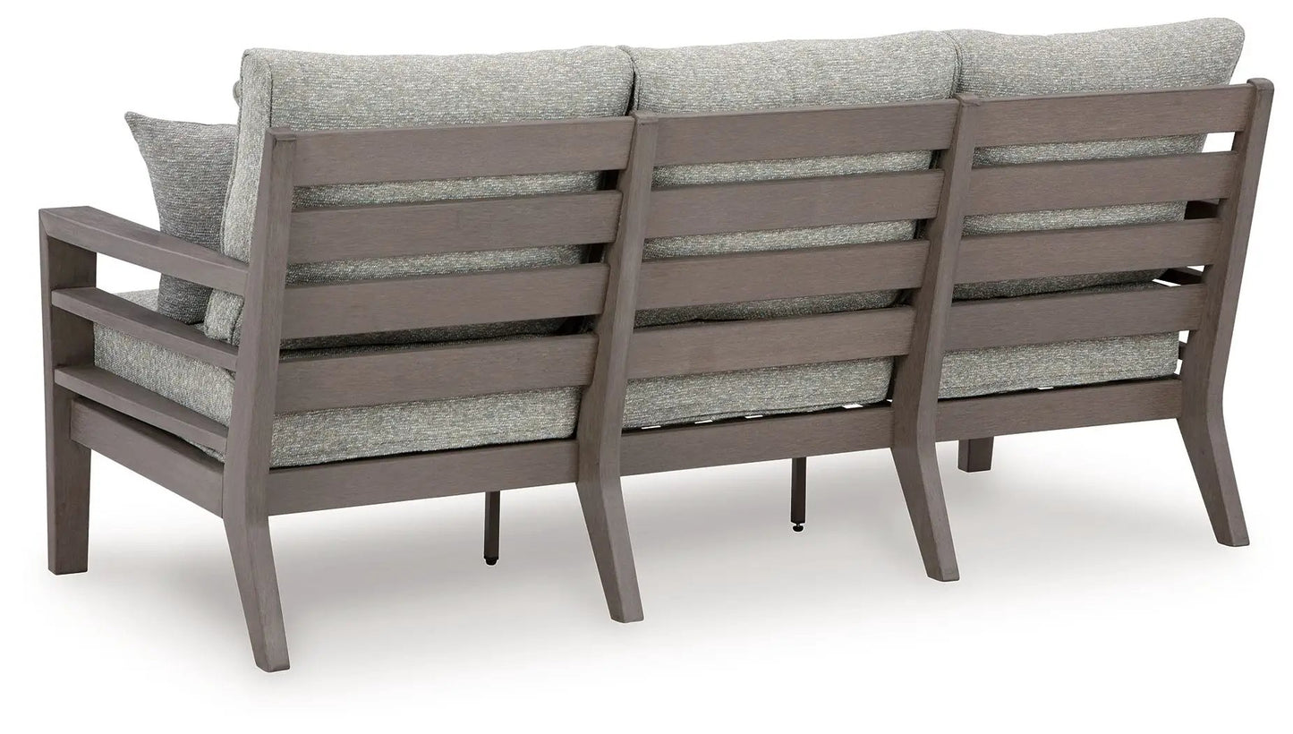 Hillside Barn sofa with cushion gray/brown fabric on wooden slat frame on Tampa Home & Garden Store
