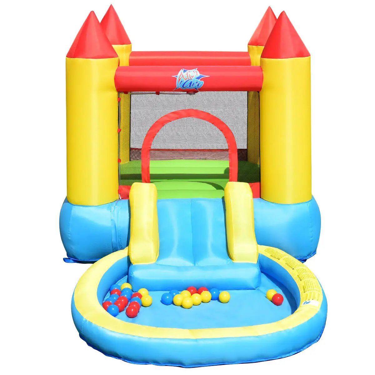 Inflatable bounce house castle with ball pool, yellow towers, blue base, red trim by DirectDeals on Tampa Home & Garden Store