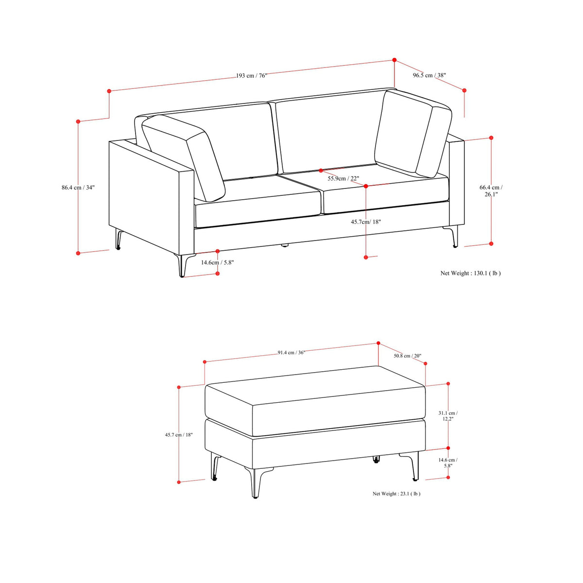 Ava Mid Century Modern Sofa and Ottoman Set