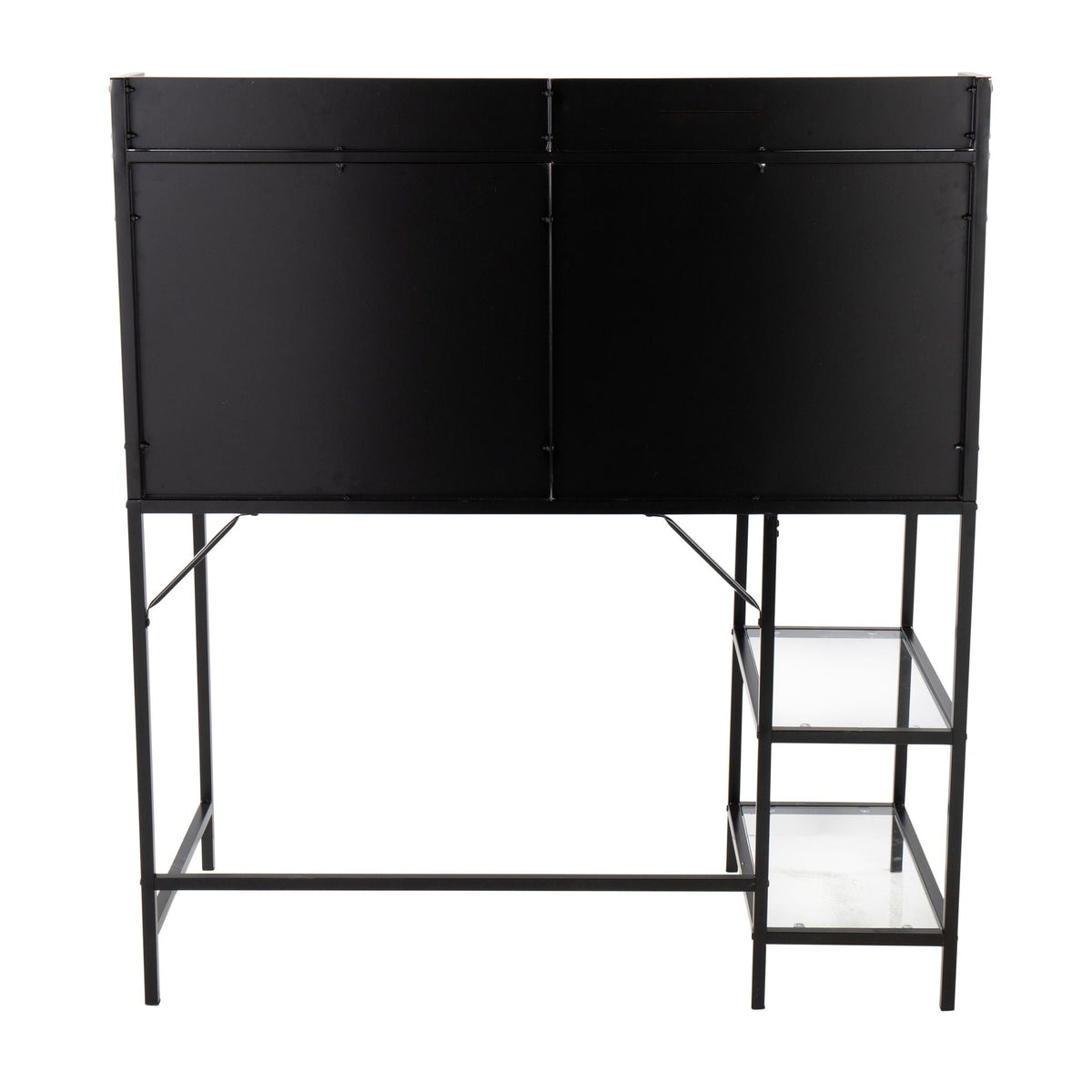 Contemporary glass writing desk with storage shelves, black finish metal frame on Tampa Home & Garden Store