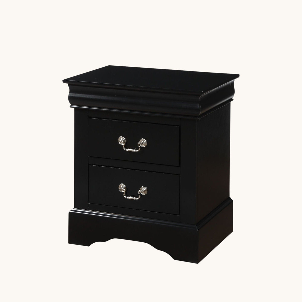 Louis Philippe III Sleek Design Nightstand, black finish with silver drawer pulls on Tampa Home & Garden Store