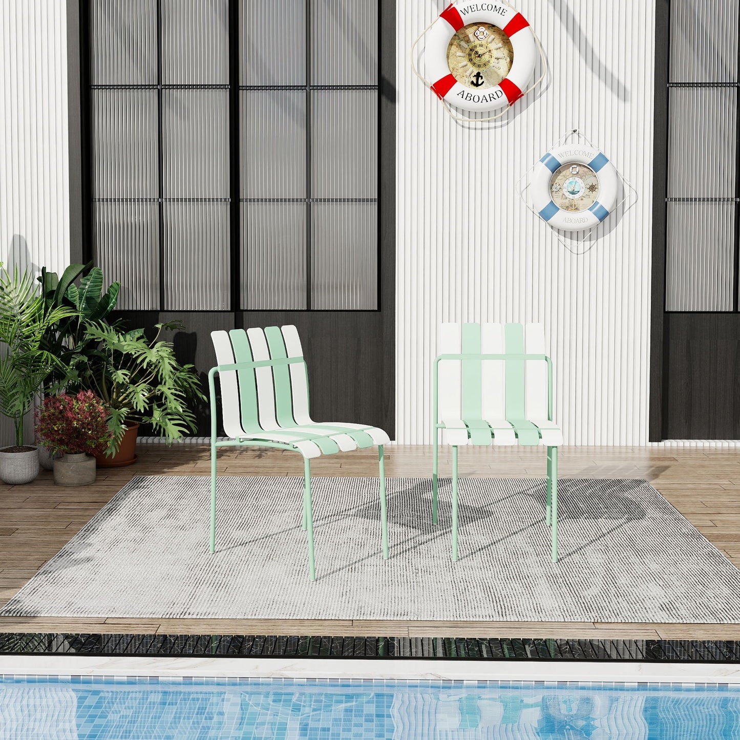 HouseOfZazla 4-piece modern color-block kids' chairs in mint and white on patio with plants on Tampa Home & Garden Store