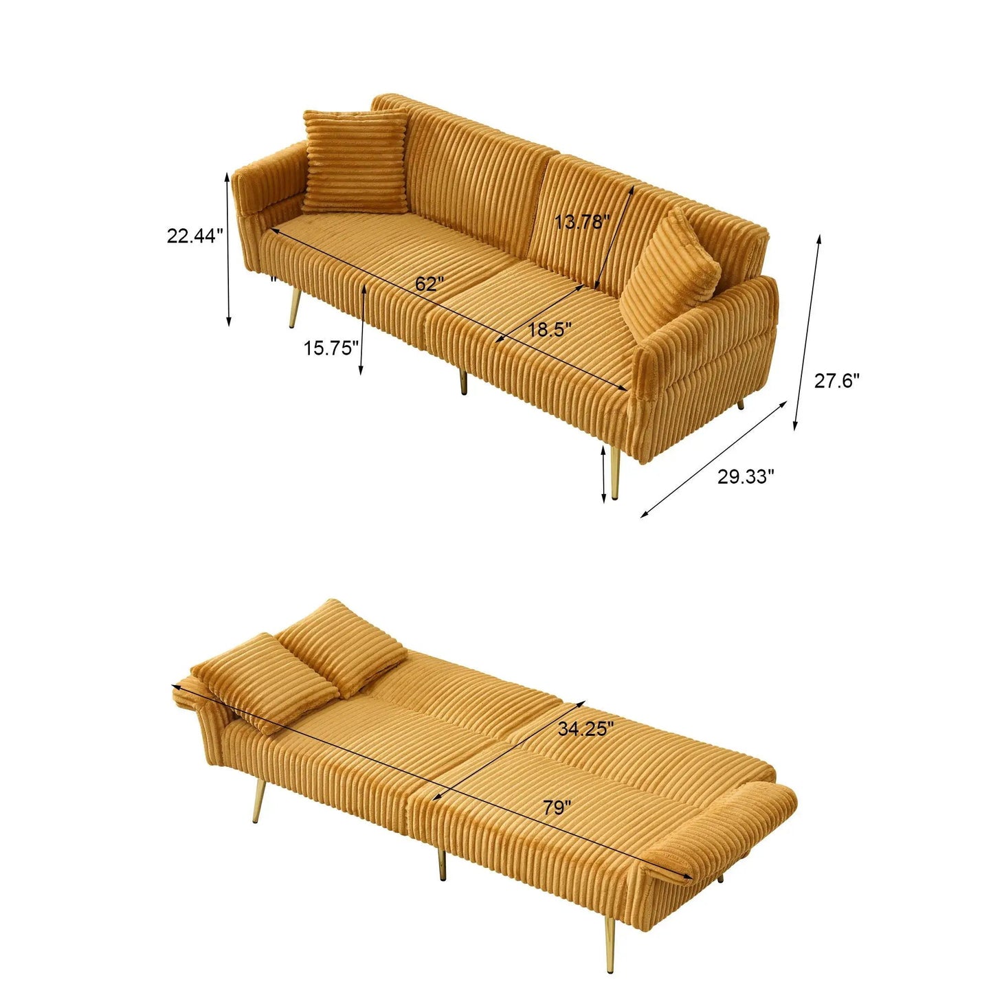 Luxury Foldable Double Sofa Bed futon sofa in mustard corduroy fabric Unique Piece Furniture on Tampa Home & Garden Store