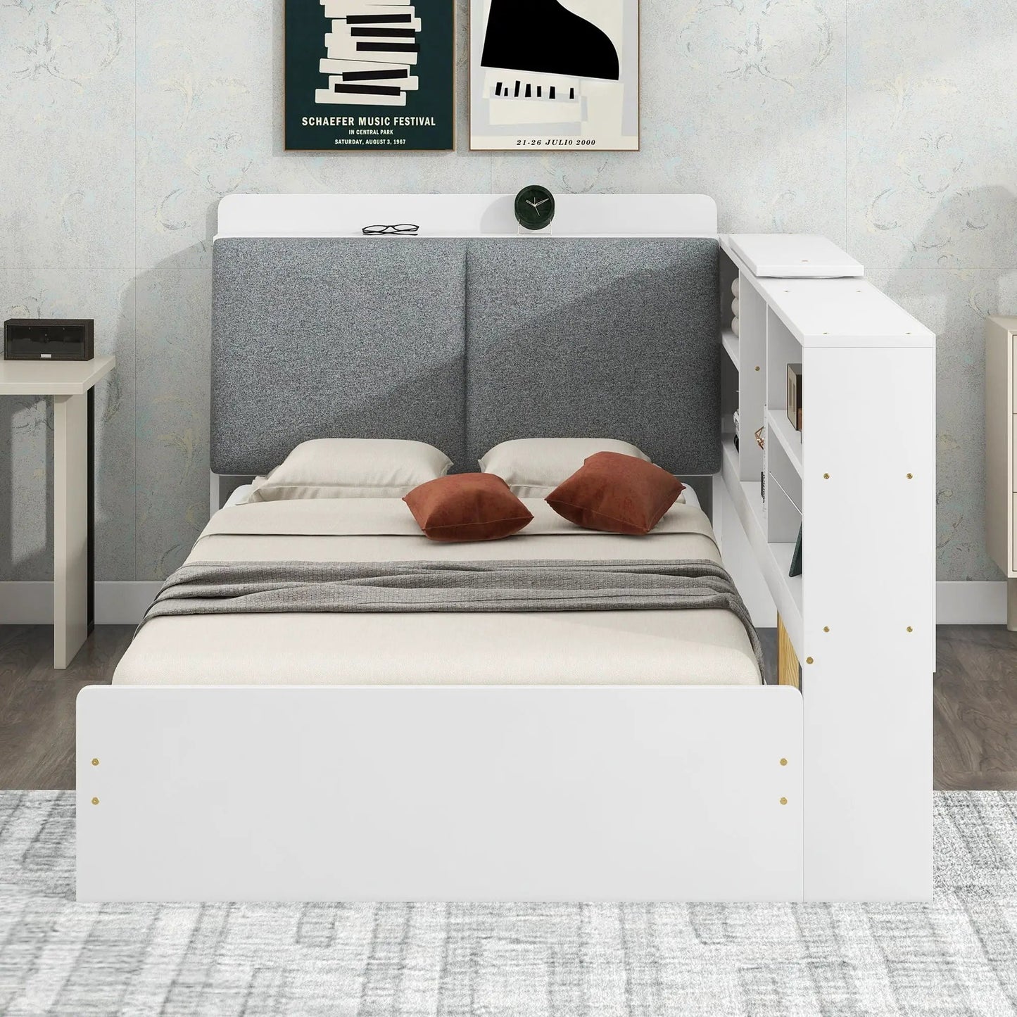 Unique Piece bed with storage headboard shelves and 2 drawers white frame upholstered headboard on Tampa Home & Garden Store