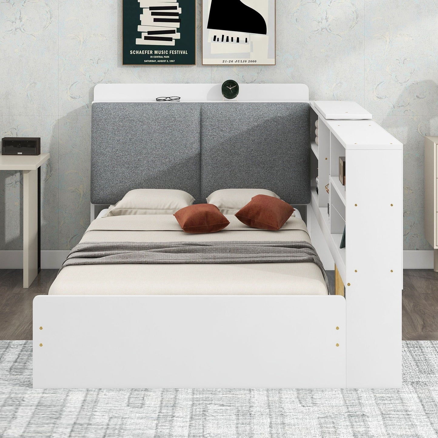Platform bed with storage headboard and shelves, white frame and gray upholstered panels, HouseOfZazla storage bed on Tampa Home & Garden Store