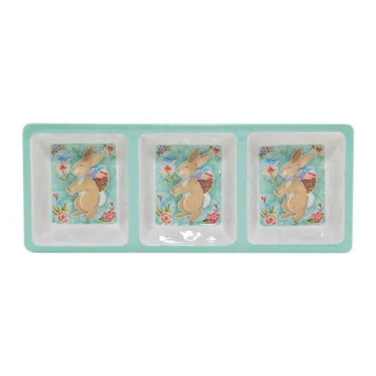 Joy of Easter 3 Section Relish Tray mint-green bordered ceramic with Easter bunny panels on Tampa Home & Garden Store