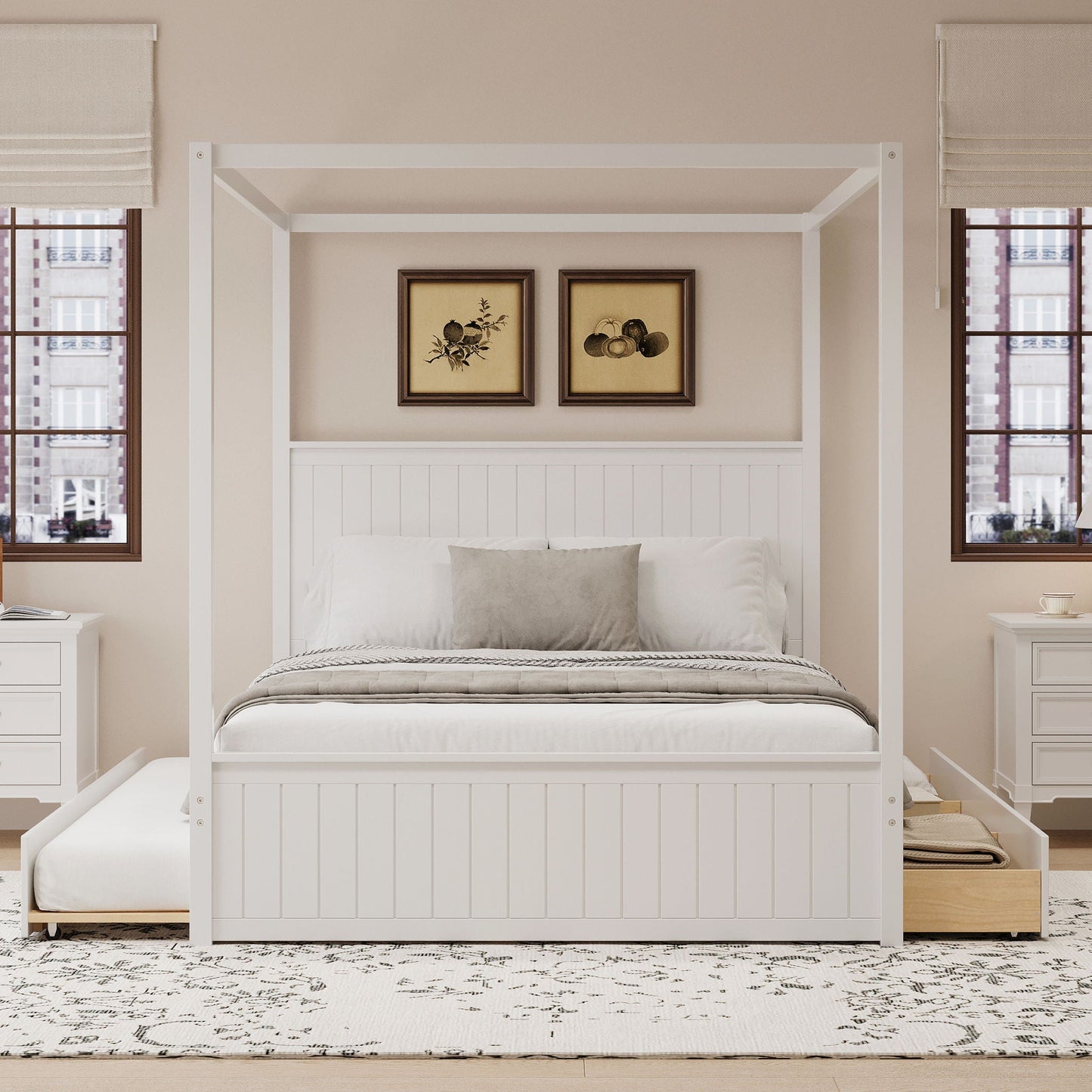Canopy platform bed by HouseOfZazla, white finish with trundle and 3 storage drawers on Tampa Home & Garden Store