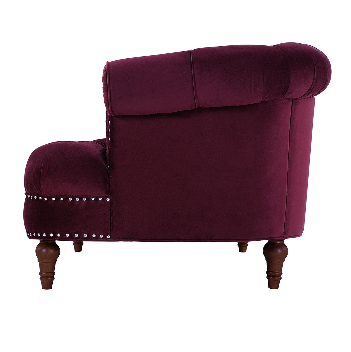 Victorian Chesterfield loveseat in burgundy velvet with nailhead trim and wooden feet on Tampa Home & Garden Store