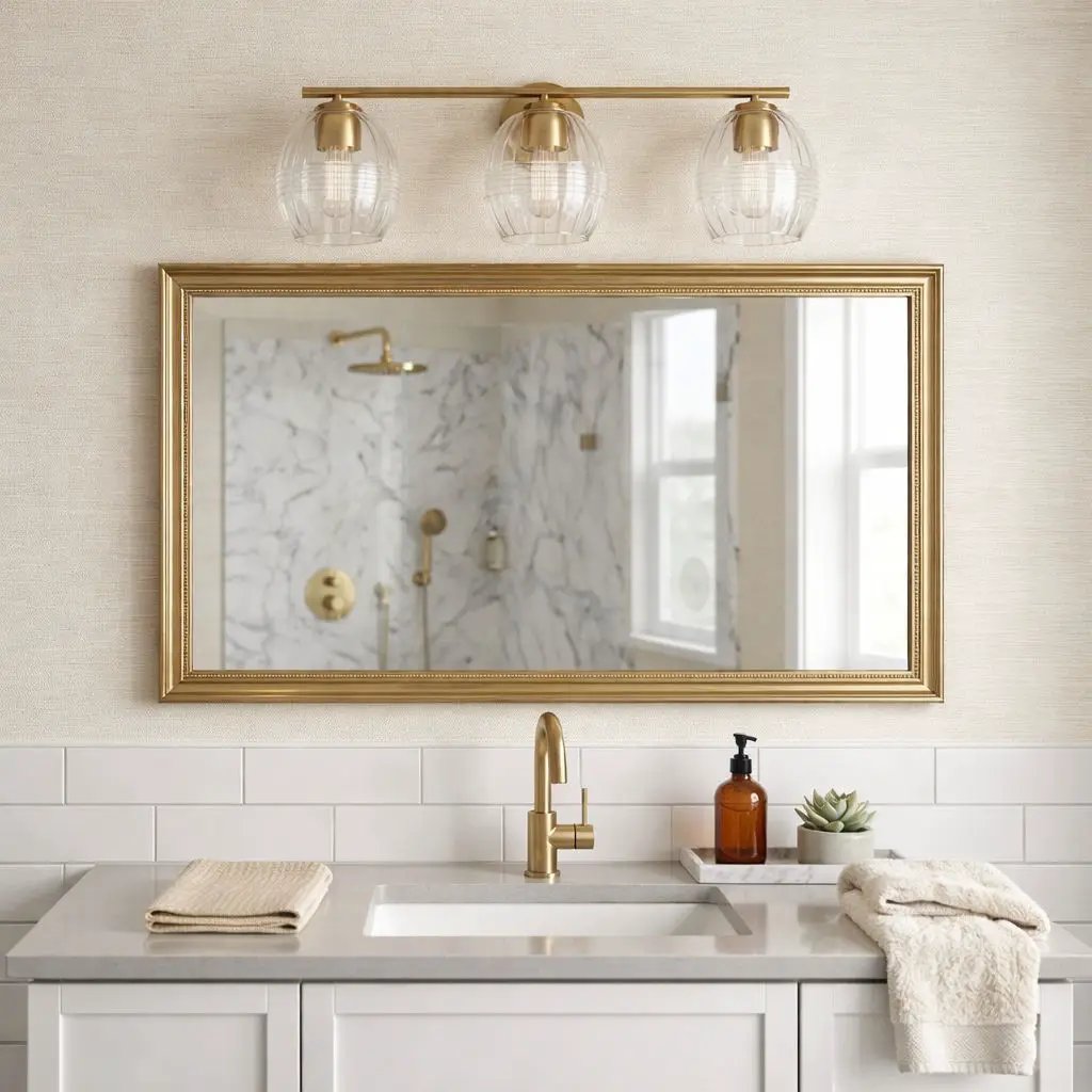 Luster 3-light vanity wall lamp satin gold with clear glass globes above bathroom mirror on Tampa Home & Garden Store