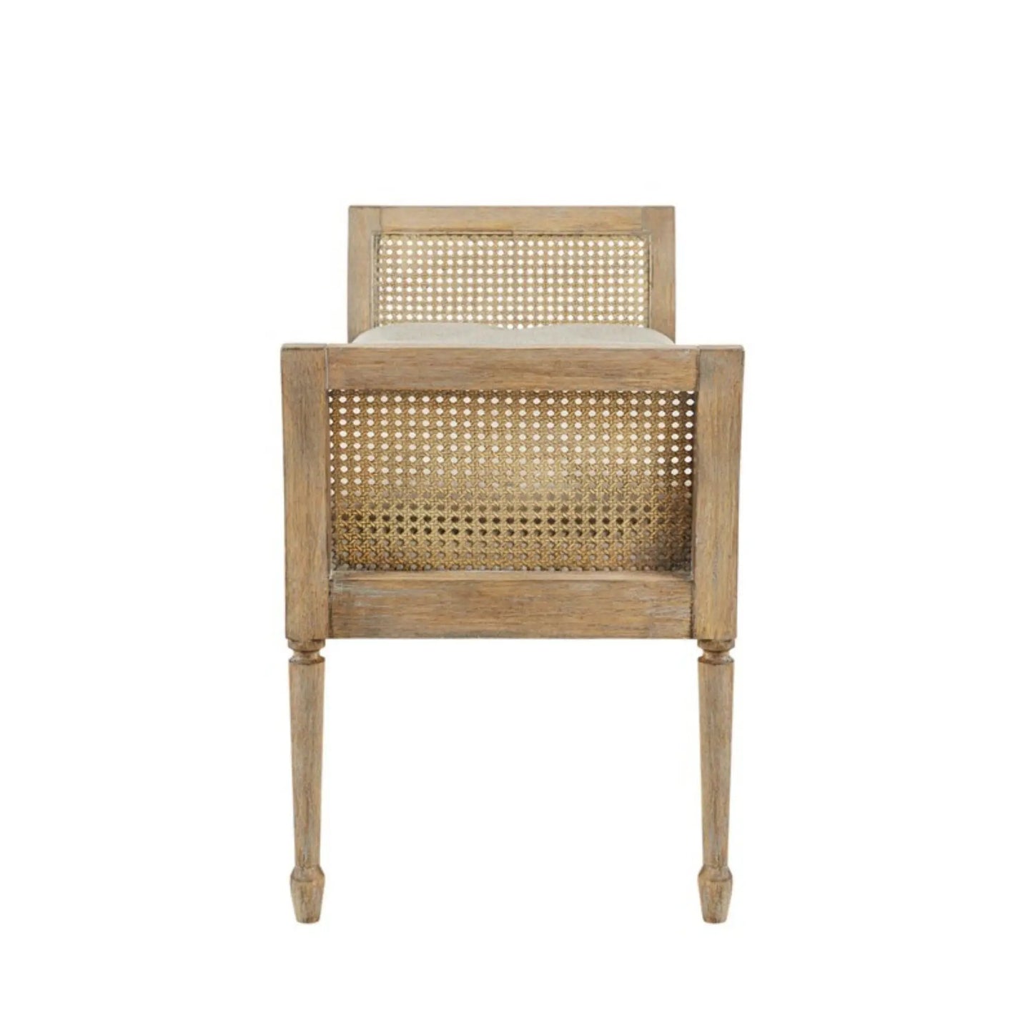 Accent bench with arm in natural wood, upholstered beige seating, cane back panel on Tampa Home & Garden Store