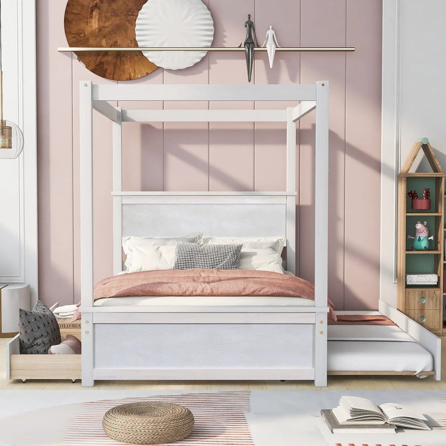 White canopy platform bed with drawers and support slats in a pale pink room on Tampa Home & Garden Store