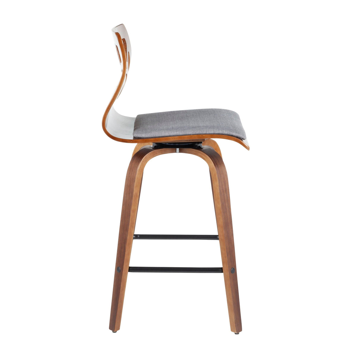Mid-Century Modern counter stool set with swivel, gray cushion, and curved wood frame on Tampa Home & Garden Store