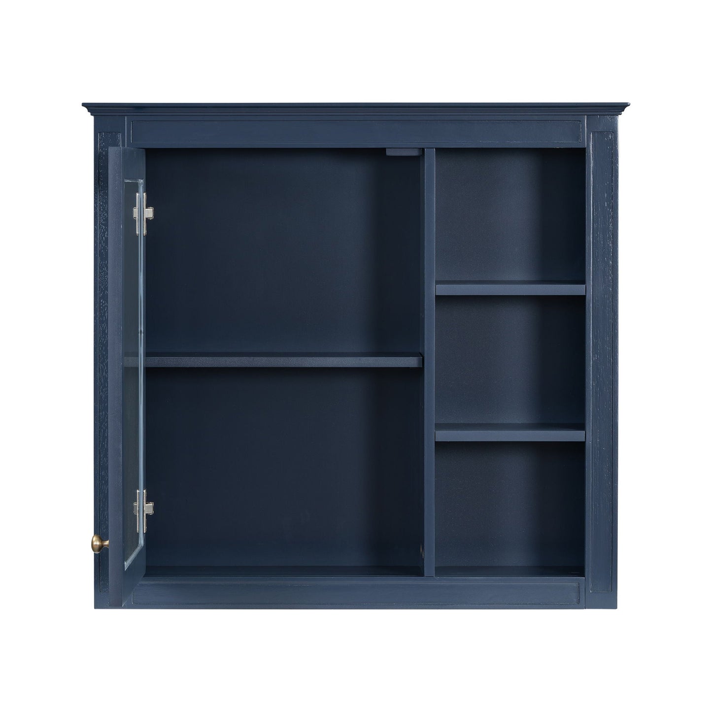 Bathroom vanity with medicine cabinet in navy blue, glass-front door and open shelf storage on Tampa Home & Garden Store