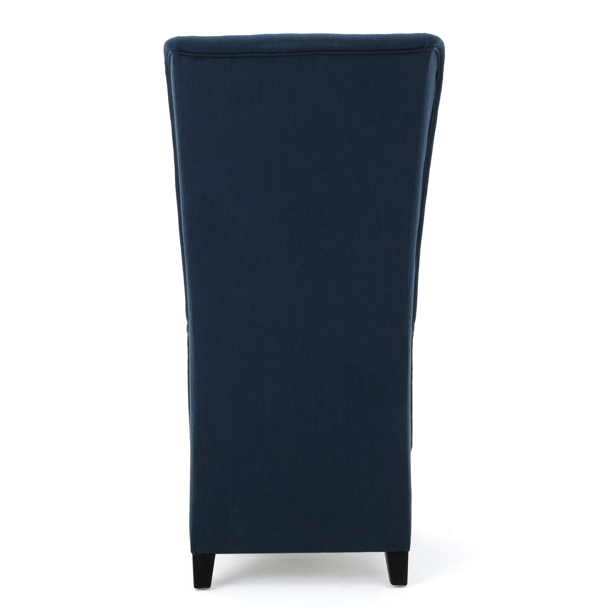 Upholstered dining chair with high back in navy blue fabric and birch wood legs on Tampa Home & Garden Store