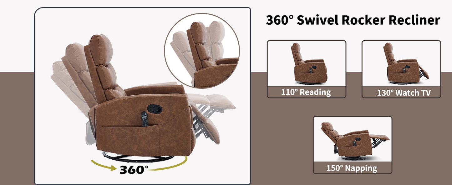 Heat Massage Manual Recliner Chair with Rocker and Swivel in brown leather featuring 360° swivel on Tampa Home & Garden Store