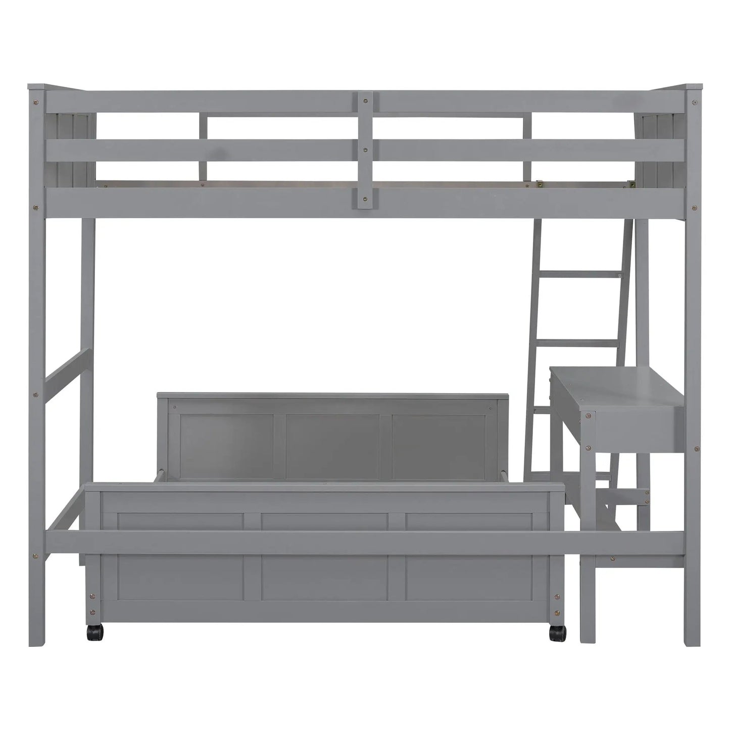 Full over full bunk bed with built-in desk in gray wood by Unique Piece Furniture on Tampa Home & Garden Store