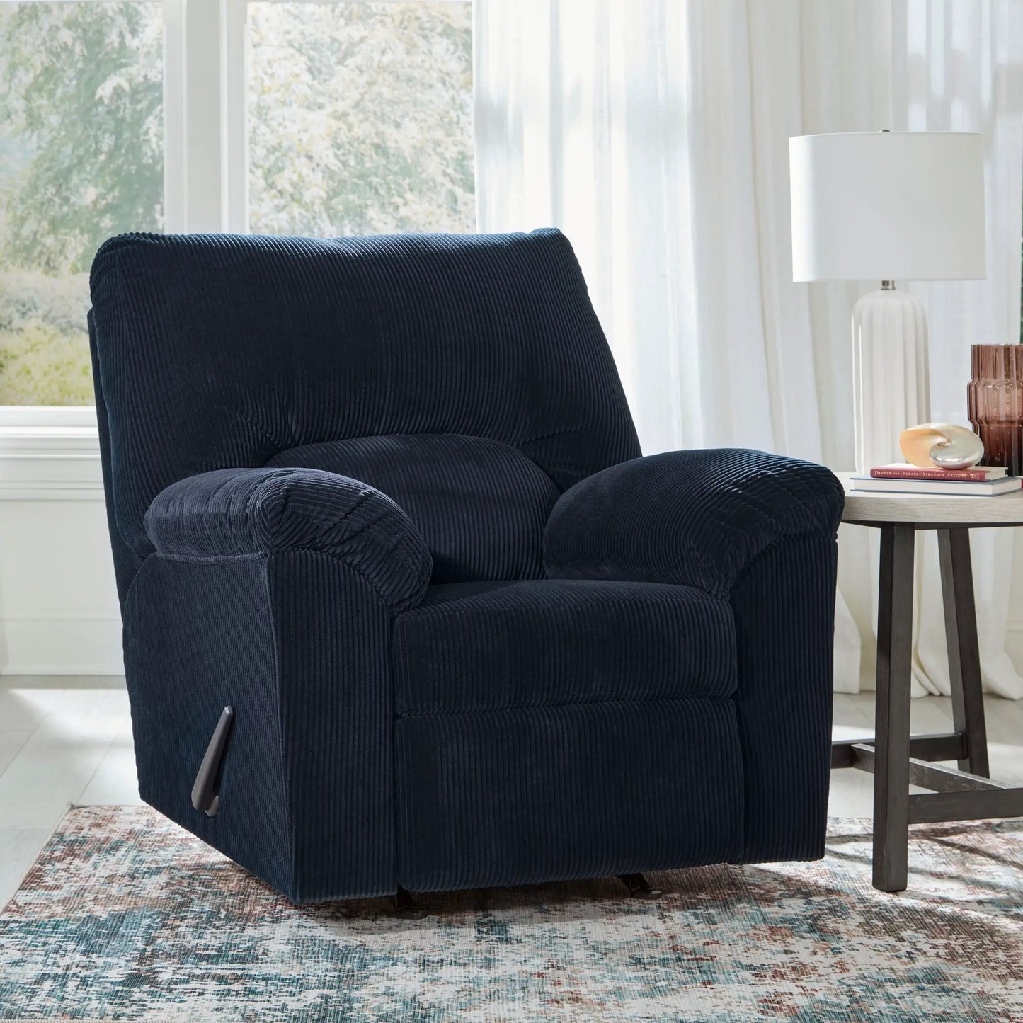 SimpleJoy rocker recliner navy corduroy by Unique Piece Furniture with plush cushions in lounge on Tampa Home & Garden Store