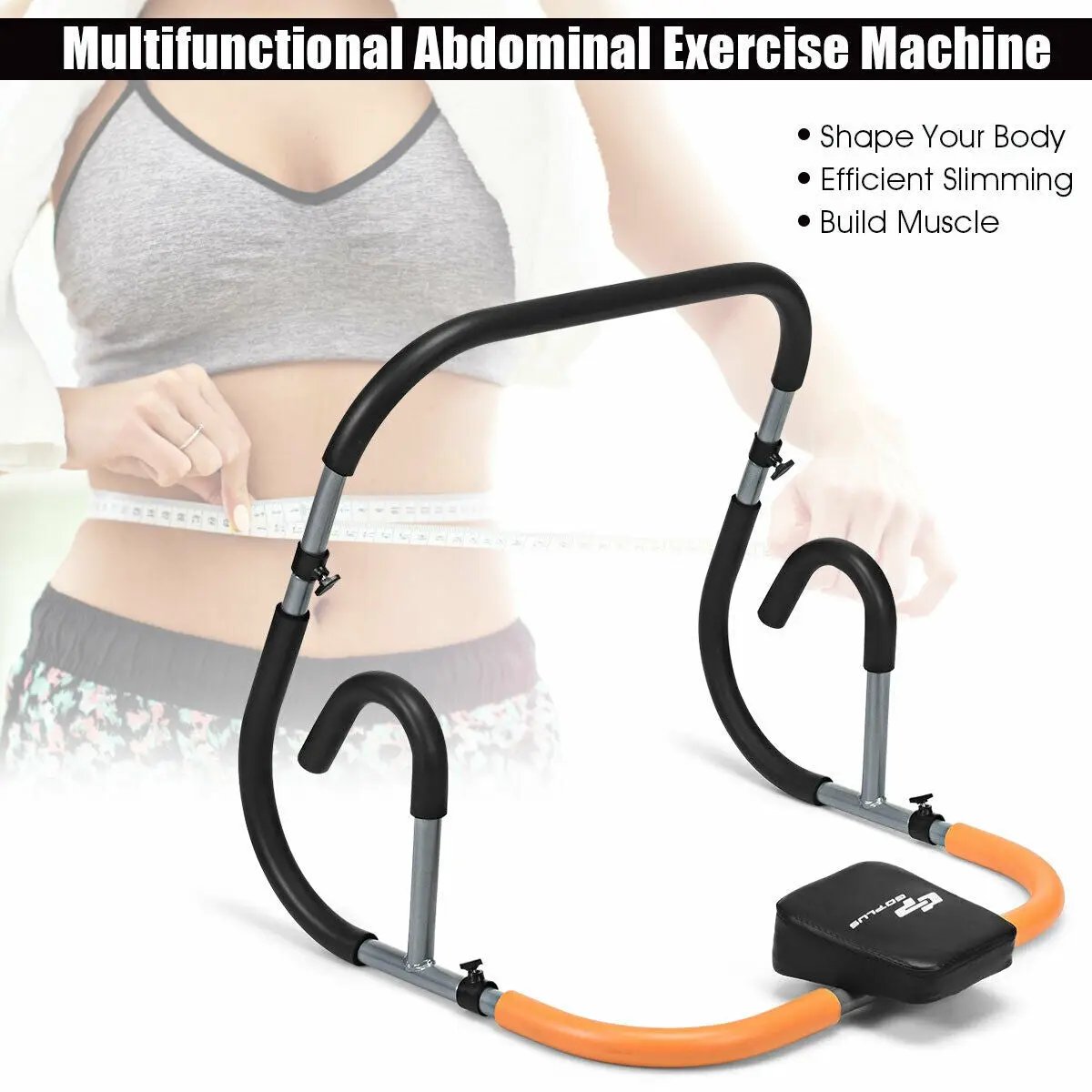 Multifunctional abdominal exercise machine with black frame and orange bar on white background on Tampa Home & Garden Store