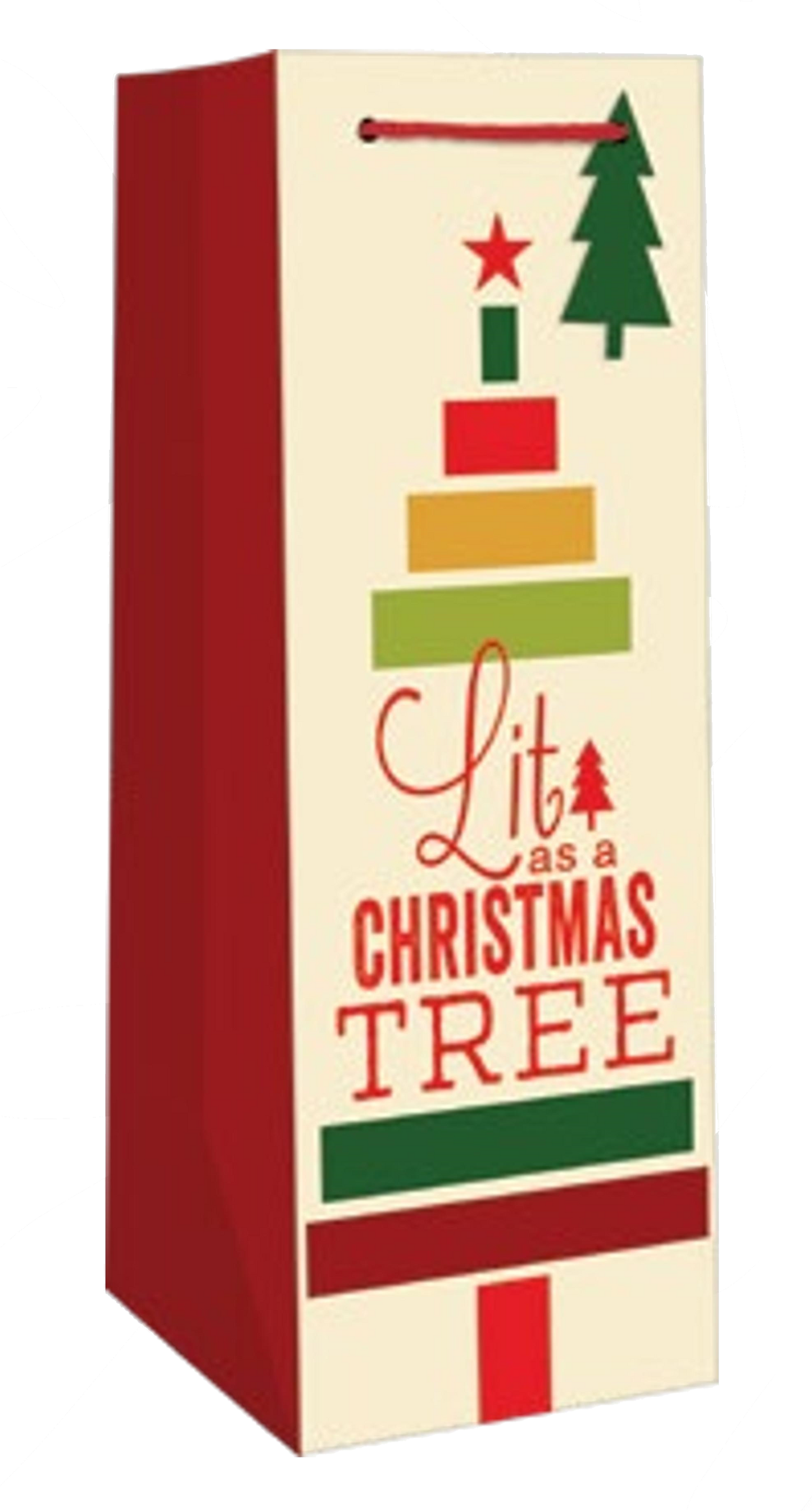 Heavy bottle gift bag with corded handle, festive Christmas tree graphic and block design on Tampa Home & Garden Store