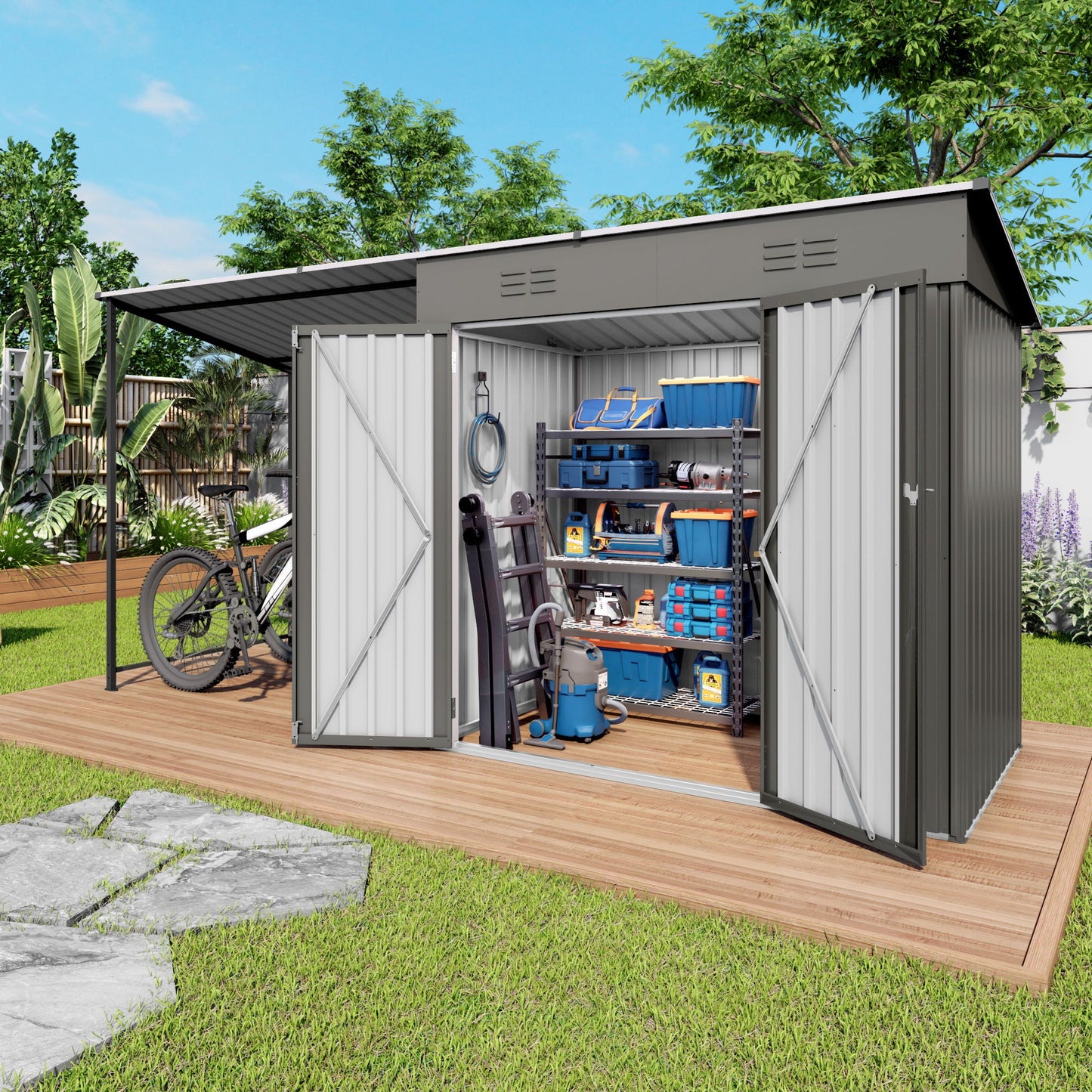 Heavy Gray Storage Shed and the Pergola Combo