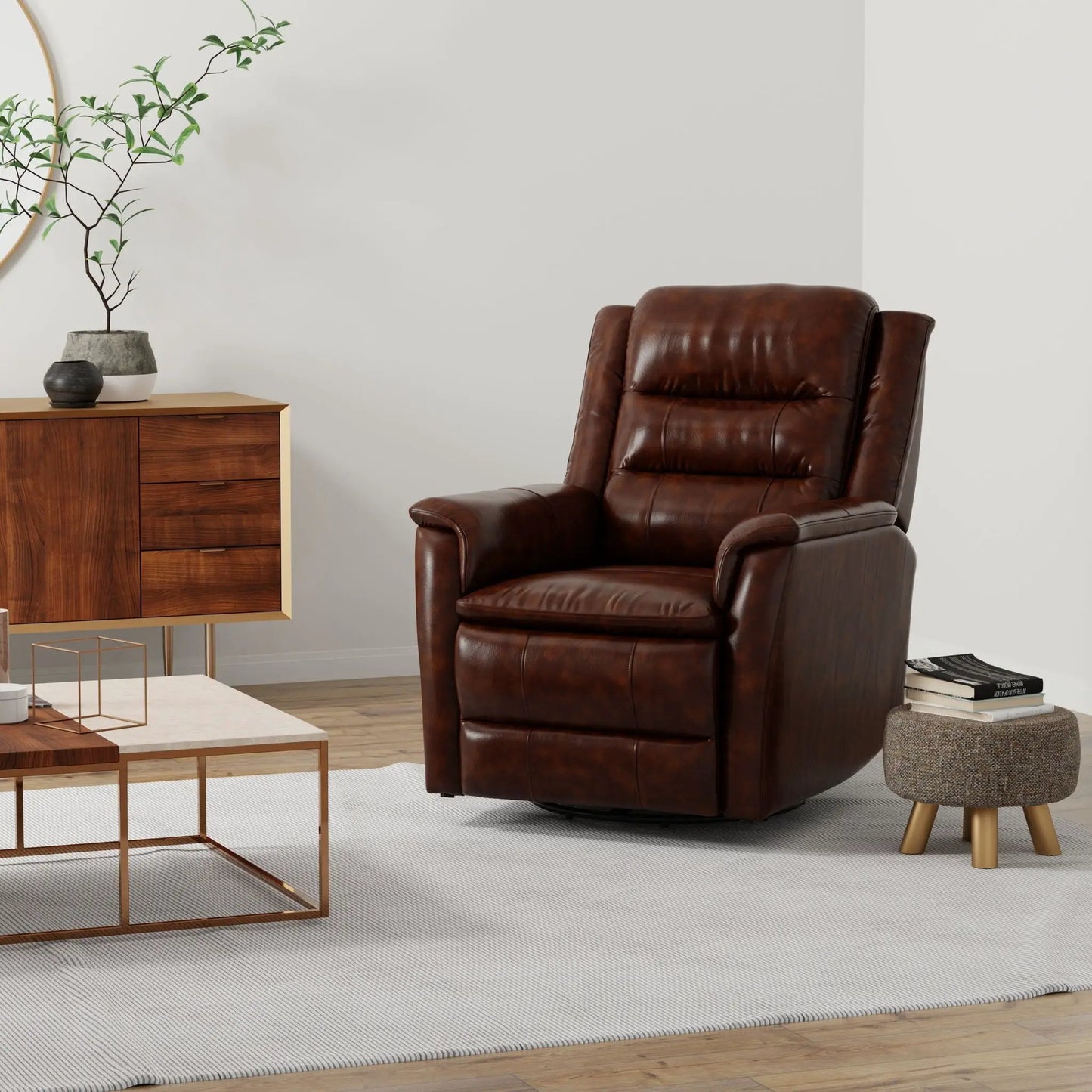 Swivel Recliner with Manual Adjustable Footrest brown leather beside a wooden cabinet on Tampa Home & Garden Store