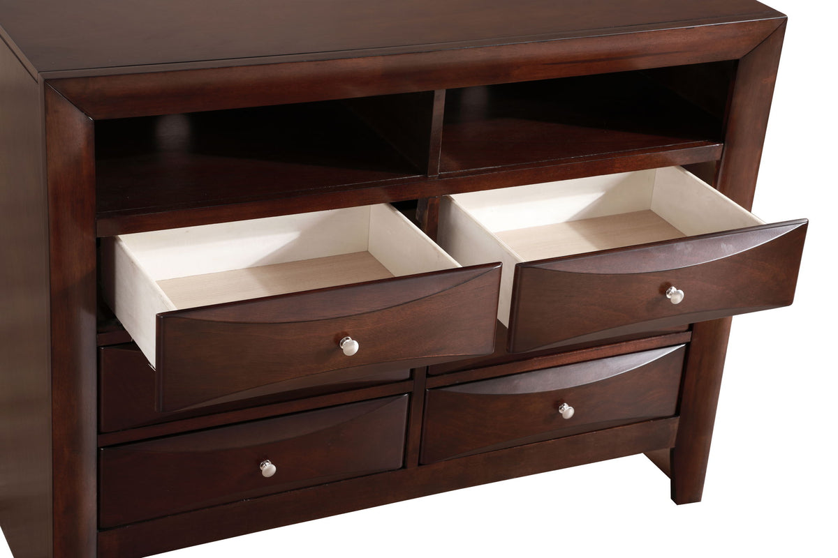 Media Chest with Modern Beveled Drawer Fronts in dark cherry finish with open cubbies and curved drawers HouseOfZazla on Tampa Home & Garden Store