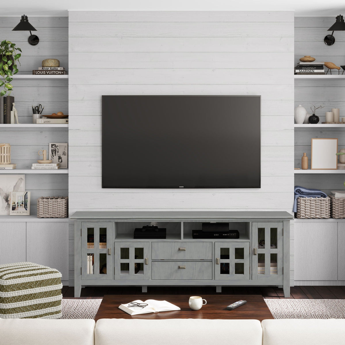 Artisan solid wood TV stand with flip drawer in gray wash HouseOfZazla on Tampa Home & Garden Store