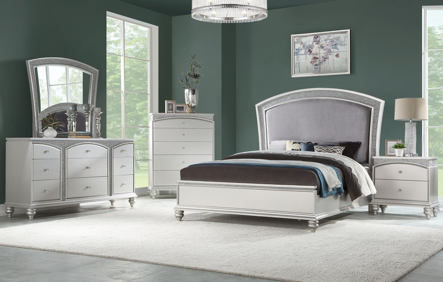 Maverick Panel Bed with grey upholstered headboard and glitter silver trim on Tampa Home & Garden Store
