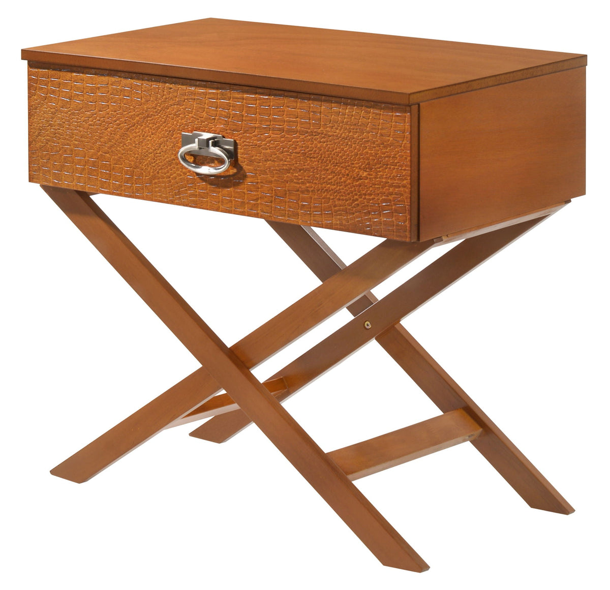 Accent nightstand with crocodile-textured drawer front, light brown solid wood, silver ring pull, X legs on Tampa Home & Garden Store