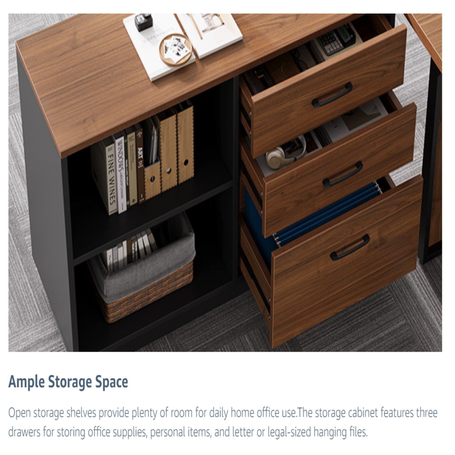 L-shaped executive desk with file cabinet and open shelves, brown/black HouseOfZazla on Tampa Home & Garden Store