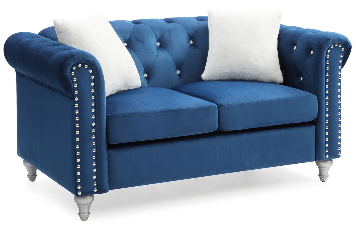 Contemporary blue velvet loveseat with jeweled tufting by HouseOfZazla, 2 pillows on Tampa Home & Garden Store