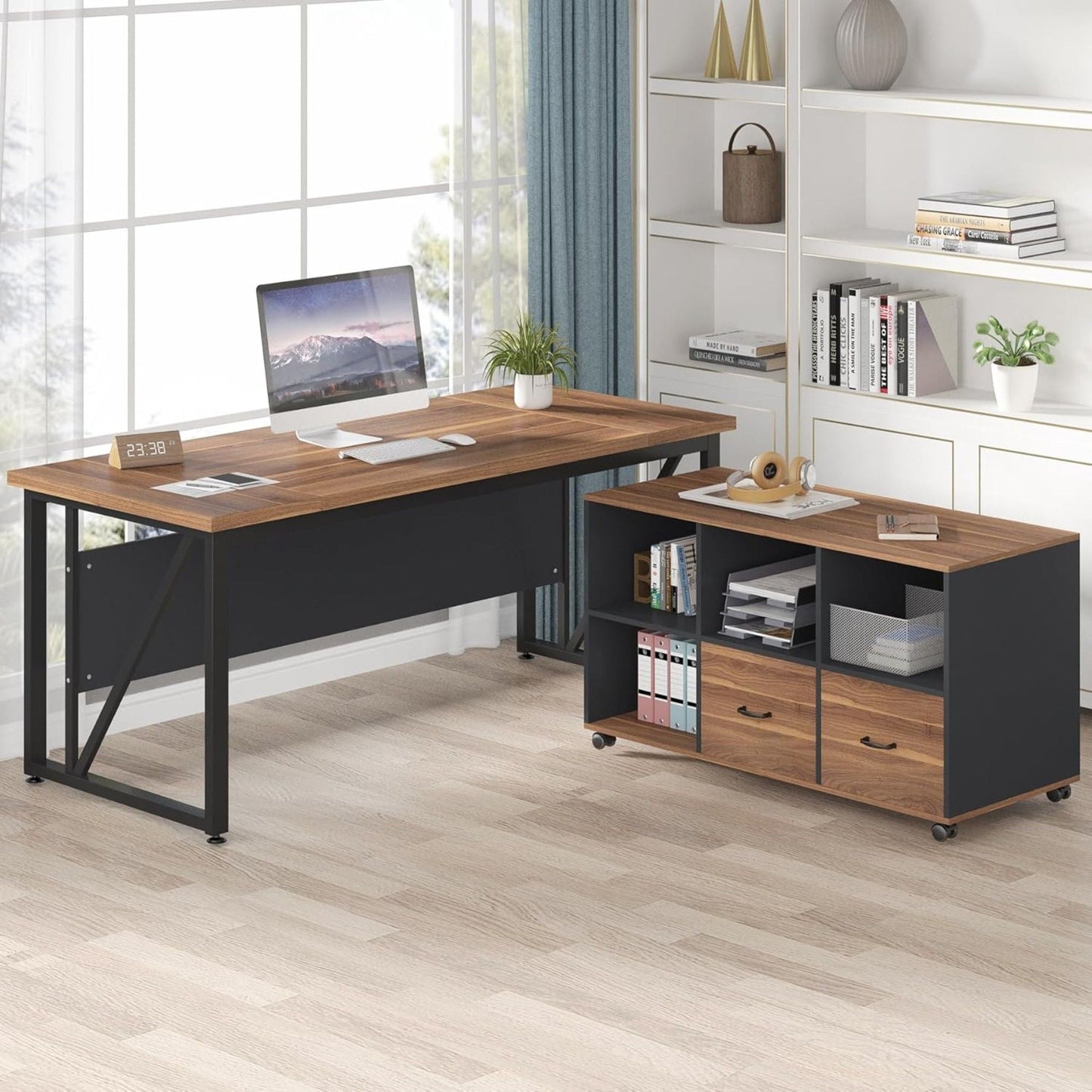 L-shaped executive desk with brown wood top and black frame; mobile file cabinet and shelves on Tampa Home & Garden Store