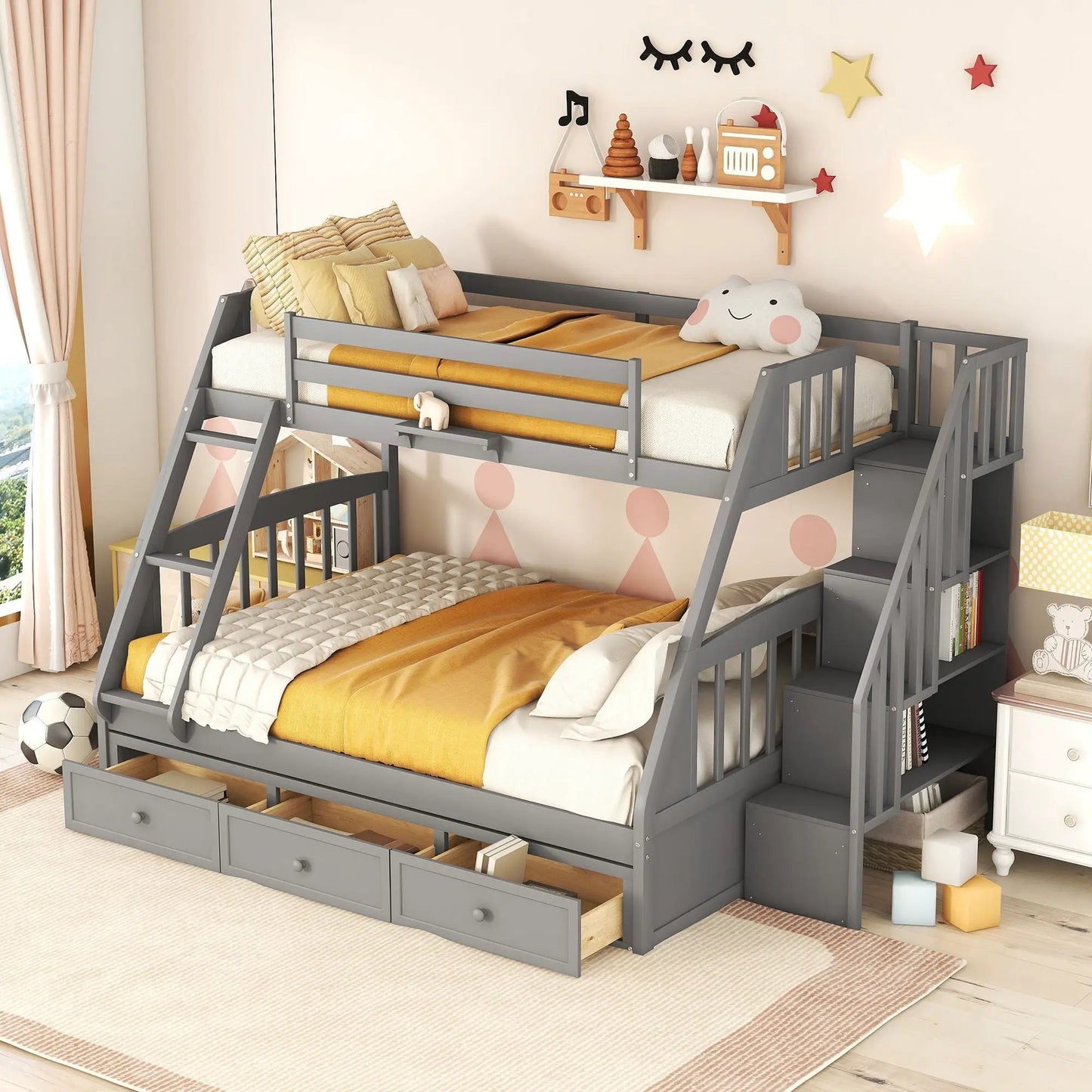 Bunk bed with drawers, ladder and storage staircase in gray; built-in under-bed storage on Tampa Home & Garden Store