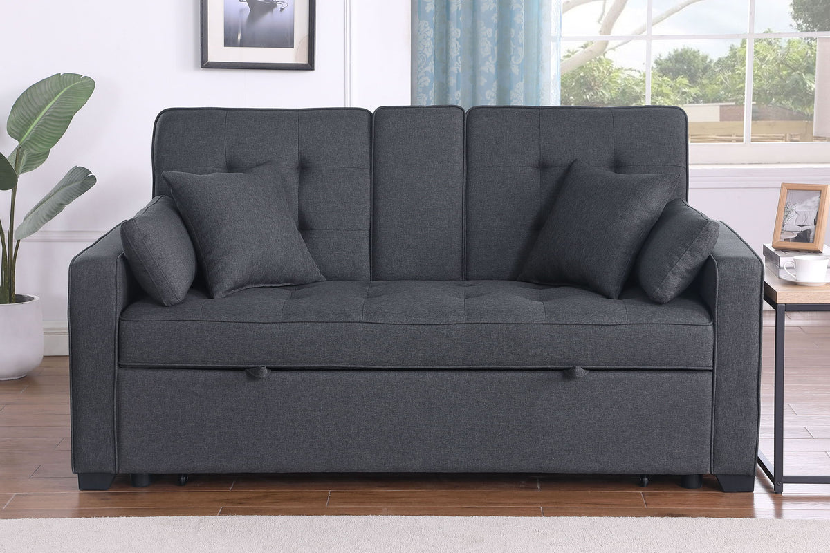 Convertible sleeper loveseat dark gray fabric with tufted back cushions and two pillows on Tampa Home & Garden Store