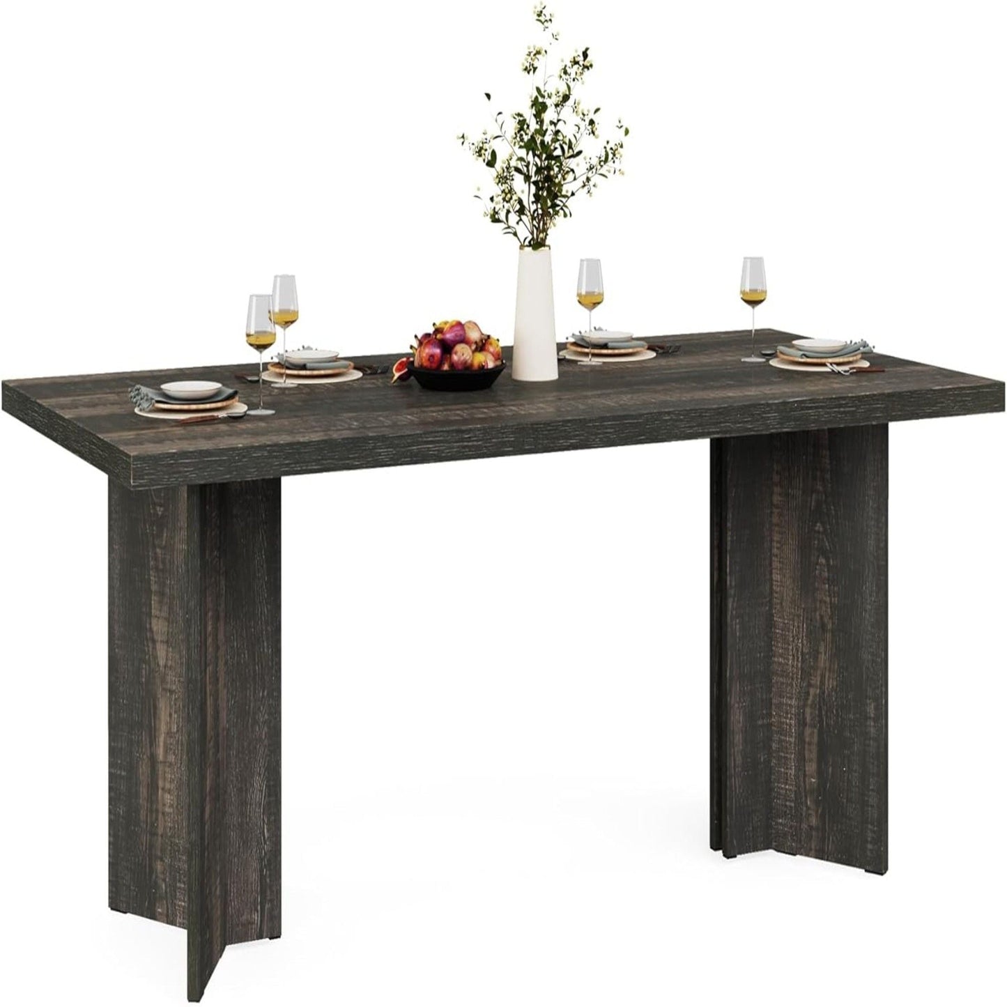 Dining Table For 4-6 People, thick-top dark wood kitchen table set with plates and wine glasses on Tampa Home & Garden Store