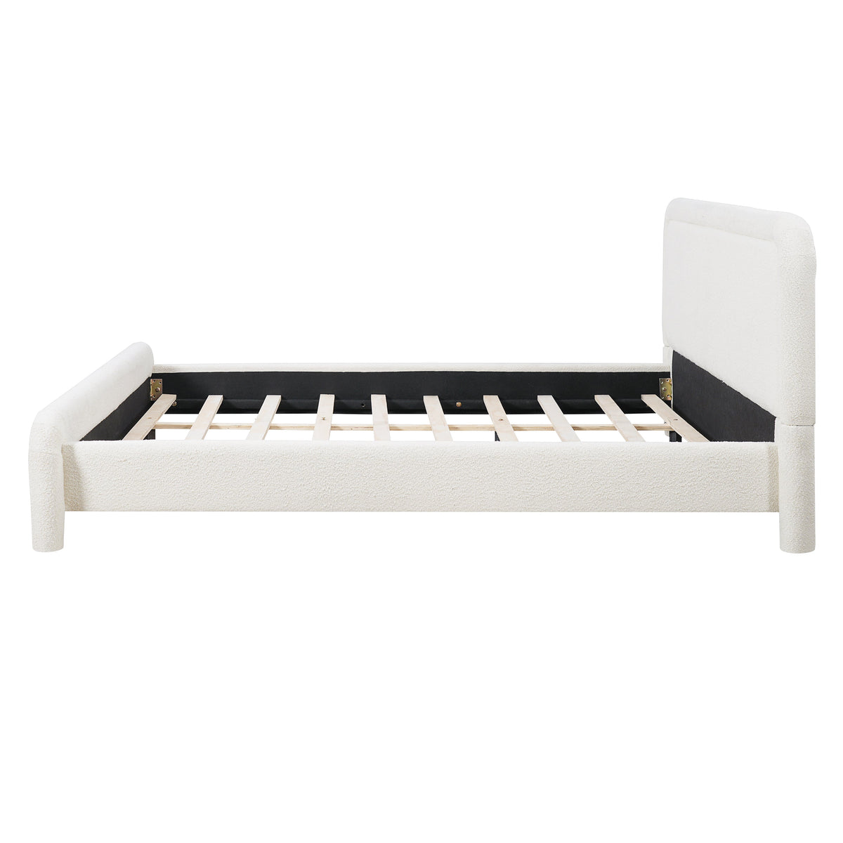 King size upholstered platform bed with curved cream boucle headboard and slat base on Tampa Home & Garden Store