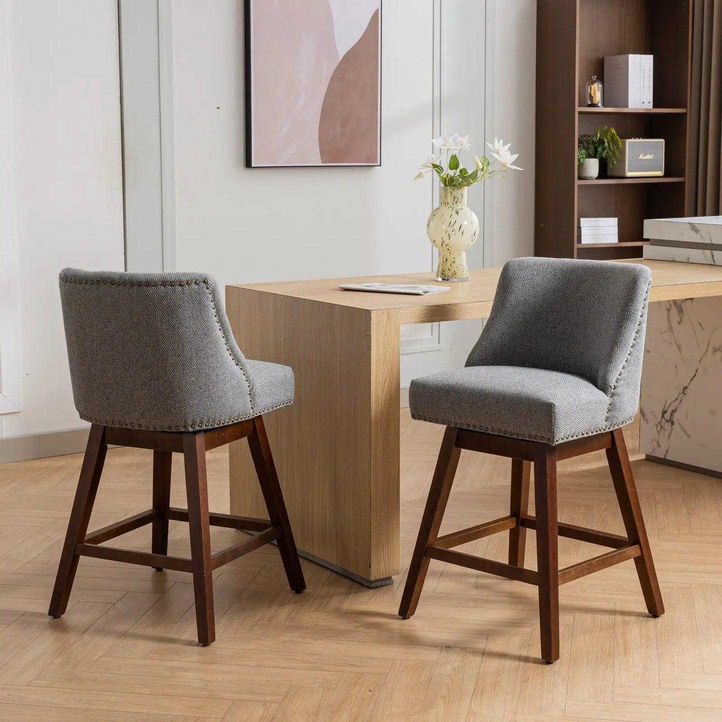 Swivel counter-height barstools, 26in seat, gray fabric, nailhead trim, set of 2 on Tampa Home & Garden Store