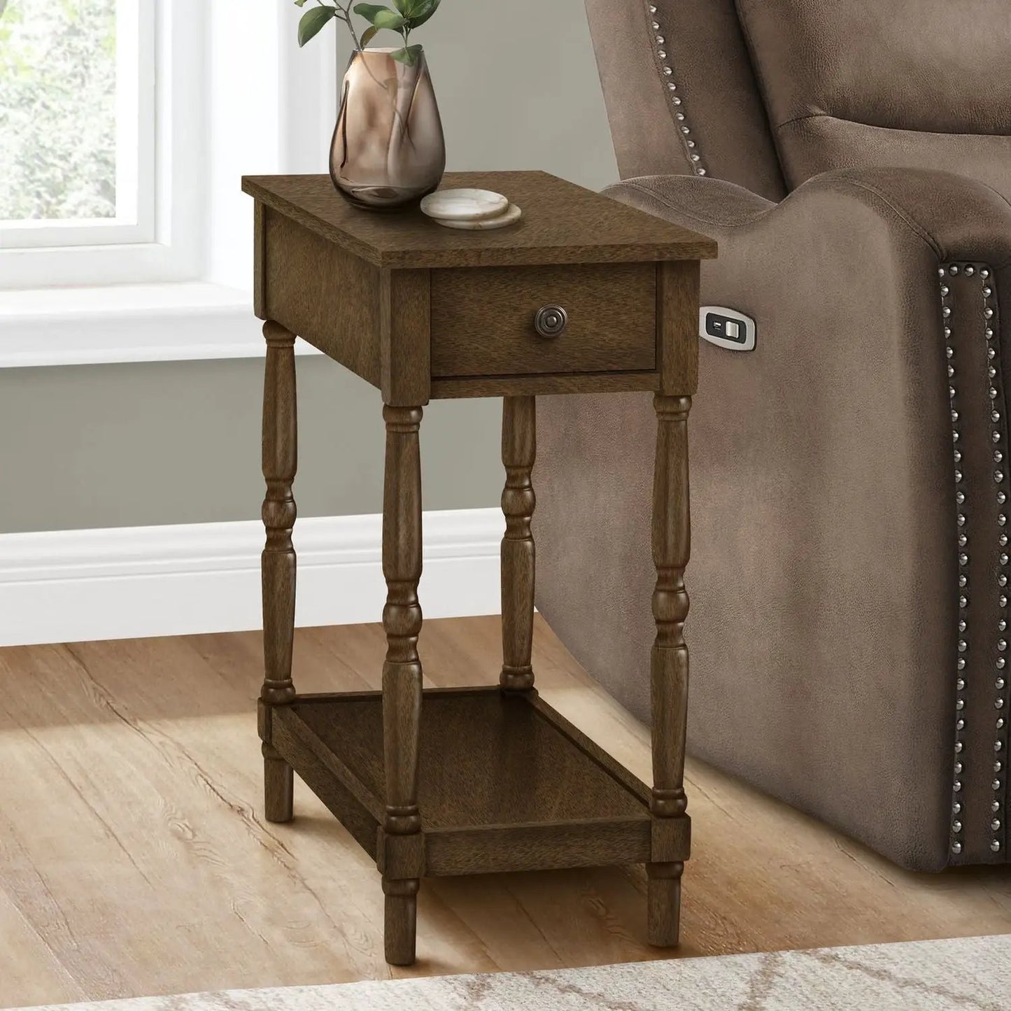 Accent end table 2-tier drawer in brown wood with turned legs by Unique Piece Furniture on Tampa Home & Garden Store