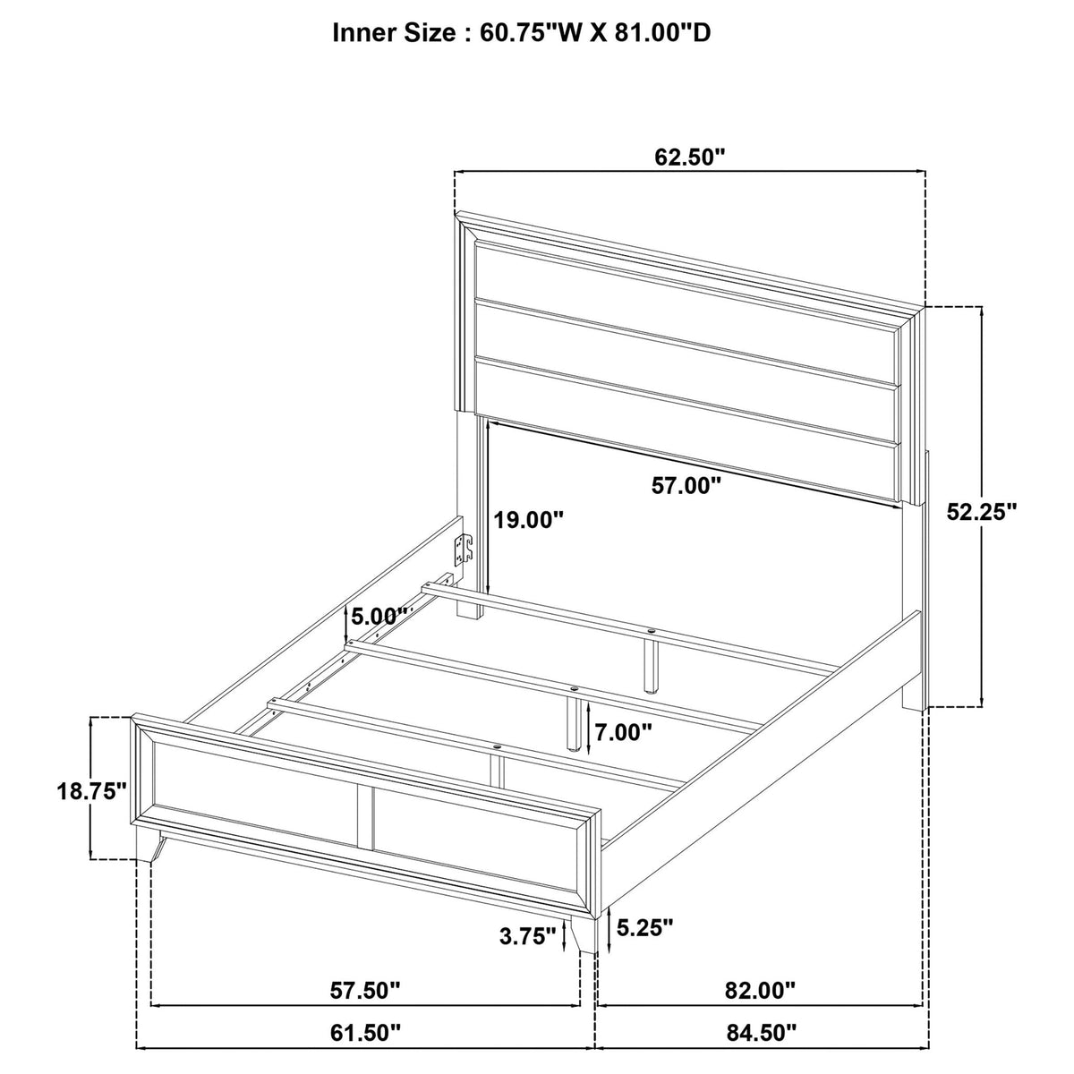 Anza Bed panel bed frame by HouseOfZazla, technical drawing with dimensions on Tampa Home & Garden Store