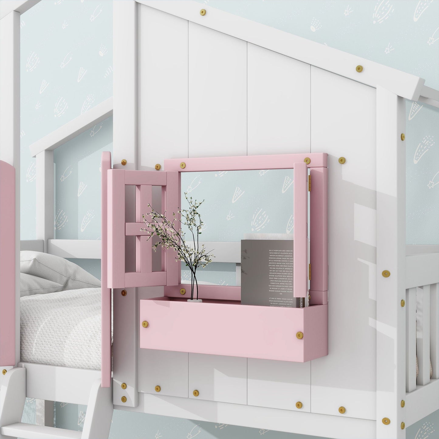 House bunk bed with roof and window accents, white frame, pink guard rails and ladder on Tampa Home & Garden Store