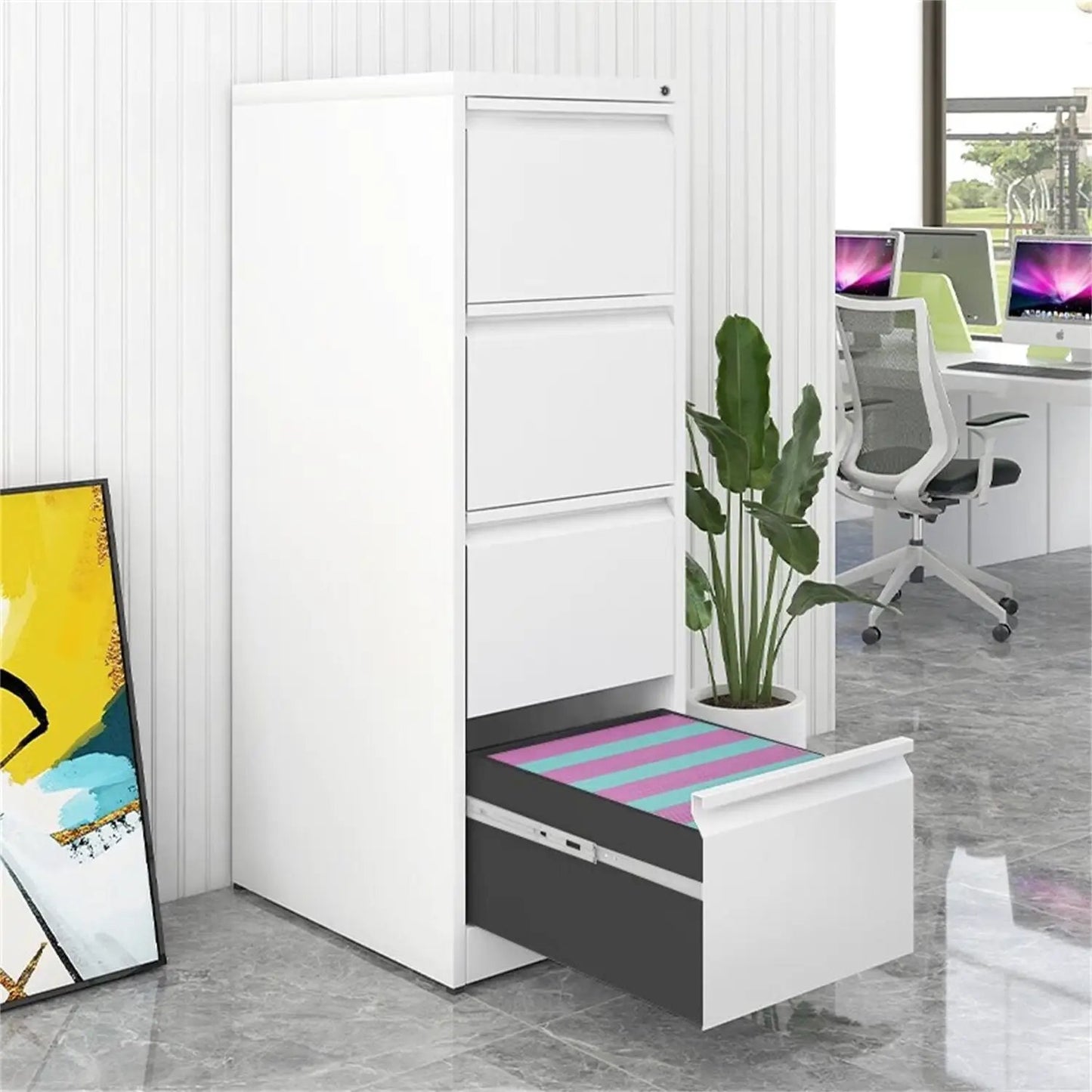 White metal 3-drawer filing cabinet with lock by Unique Piece Furniture in a modern office on Tampa Home & Garden Store