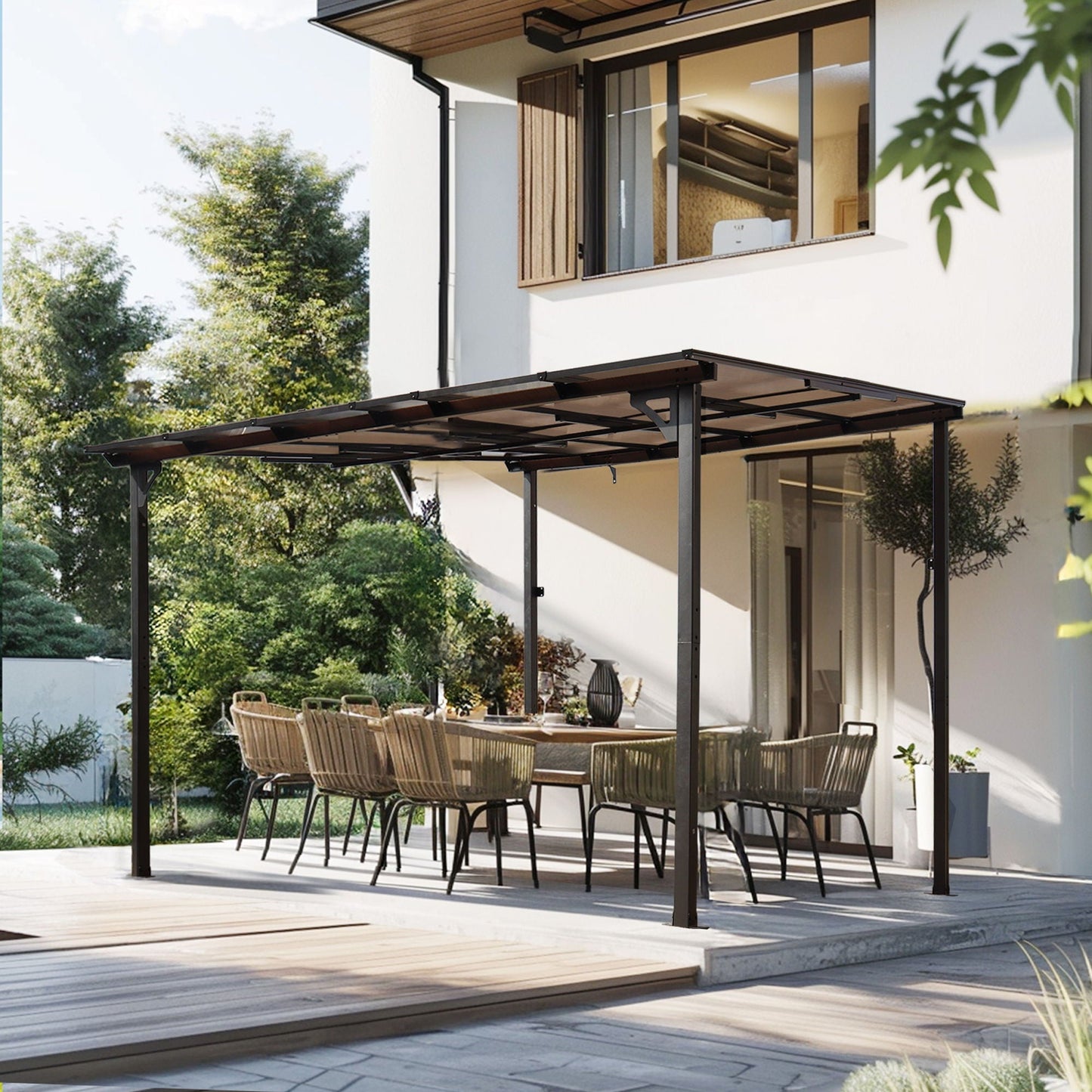 Wall mounted outdoor pergola gazebo with heavy-duty metal frame and brown roof panels on Tampa Home & Garden Store