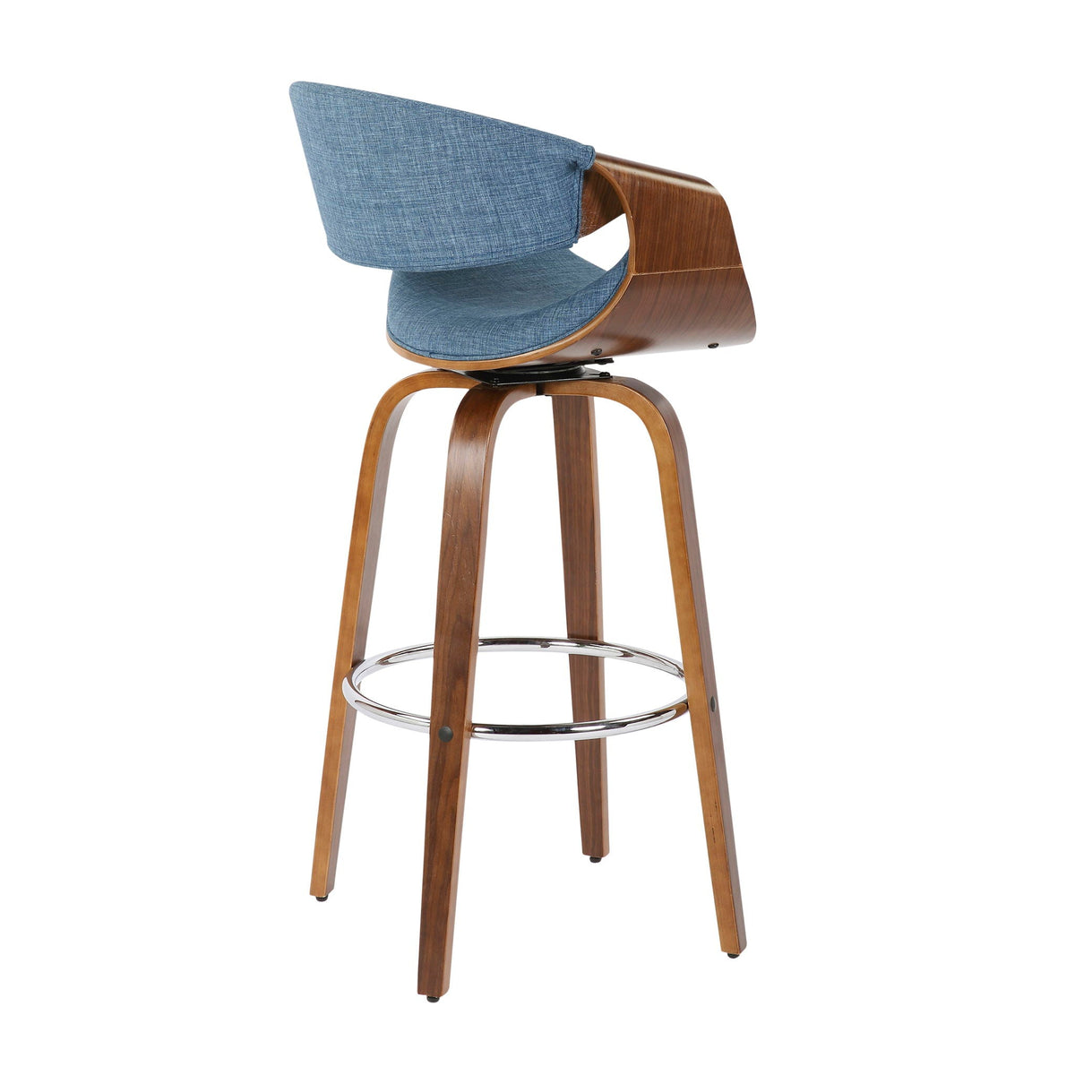 Mid-Century Modern swivel barstool set blue fabric upholstery walnut frame HouseOfZazla on Tampa Home & Garden Store