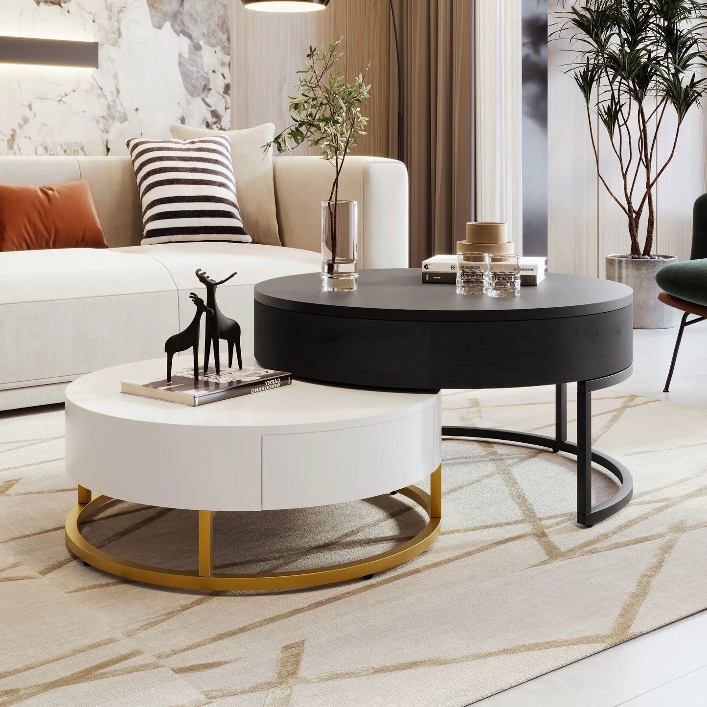 Round Lift-Top Nesting Coffee Tables with Drawers